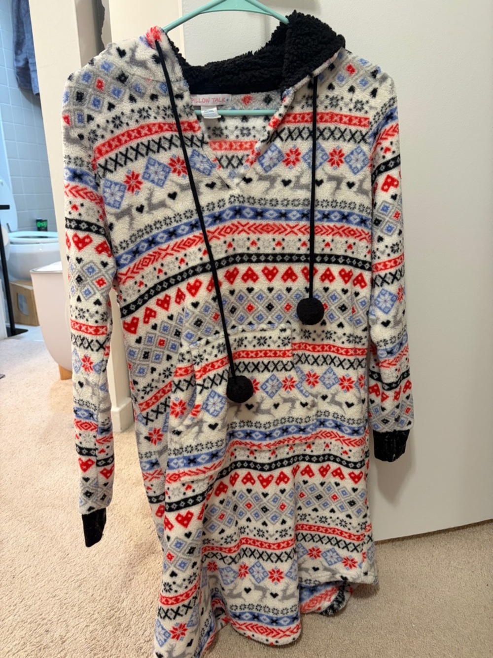 Cozy Hooded Holiday Pajama Sweater Dress - Red, Blue & Black